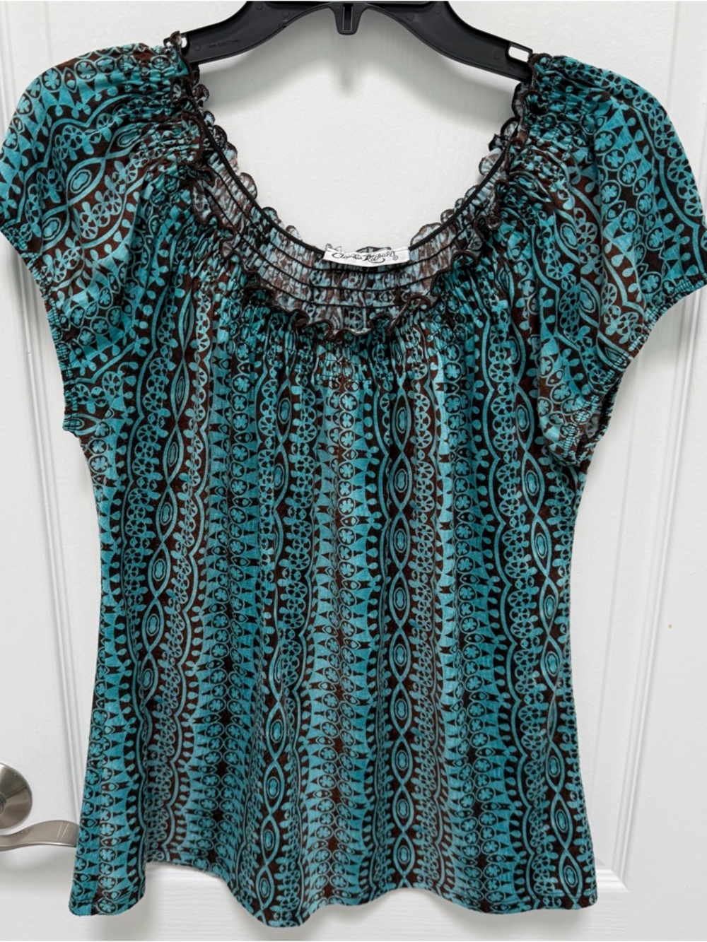Claudia Richard  Brown & Teal Printed Women's Top, Size Medium